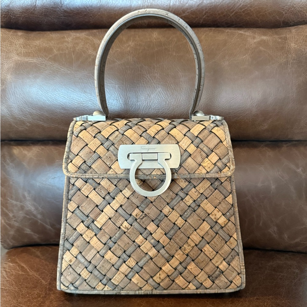 Salvatore Ferragamo Woven Earth Cork Tan and Brown iconic top handle bag